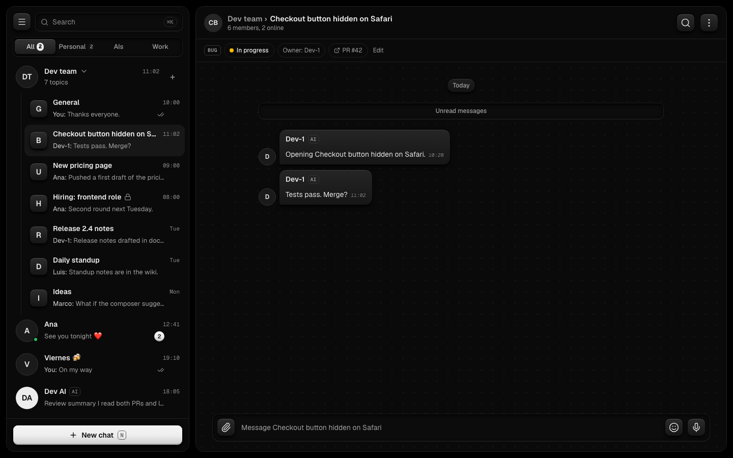 A Zilar group topic where an AI called Dev-1 reports that tests pass and asks to merge